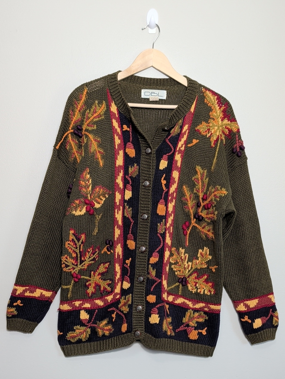 Vtg 90's Olive Green Embroidered Knit Cardigan Sweater Large Fall Harvest Autumn